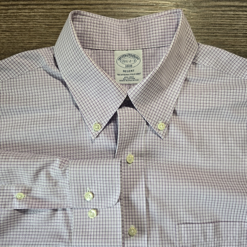 BROOKS BROTHERS Dress Shirt Mens 15.5-2/3 Purple Grid Academia Preppy Office